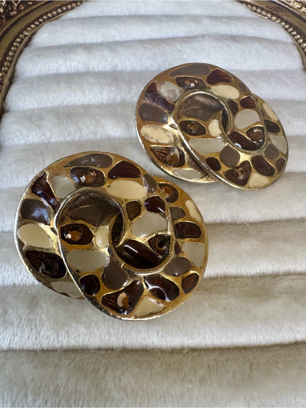 1980s Signed Don-Lin Chunky Swirl Mosaic Enamel Clip-On Earrings Rare